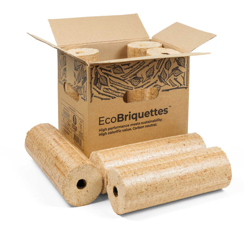 Box of ECOFUEL™ EcoBriquettes with high-performance heat logs – clean, dense fuel for solid fuel appliances