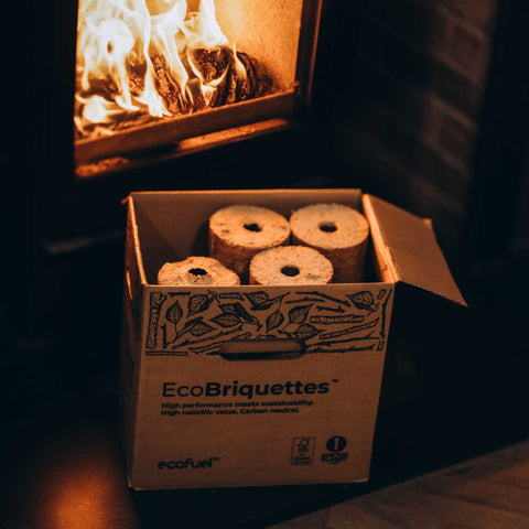 Box of EcoBriquettes in front of a burning fireplace