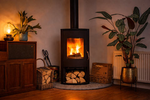 Wood-burning stove with a steady fire, clean glass, stacked firewood and kindling in a calm winter living room.