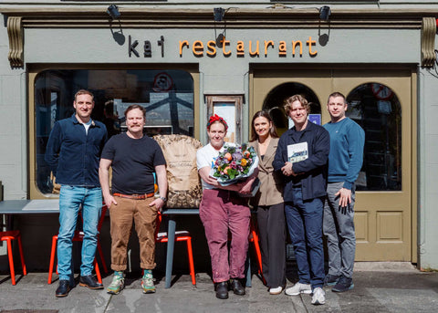 Janis and the ECOFUEL™ team outside Kai Restaurant in Galway with Jess Murphy and ECOFUEL™ Alder lumpwood charcoal.