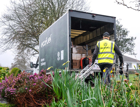 ecofuel truck delivering wood briquettes to home ireland