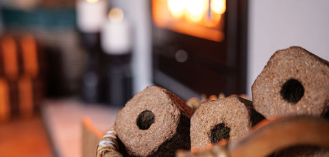 EcoBriquettes™ and Pinikay Heat Logs wood briquettes beside a home fire