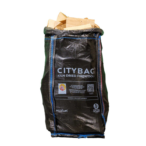 Bag of Ecofuel CityBag kiln dried Ash firewood on a white background