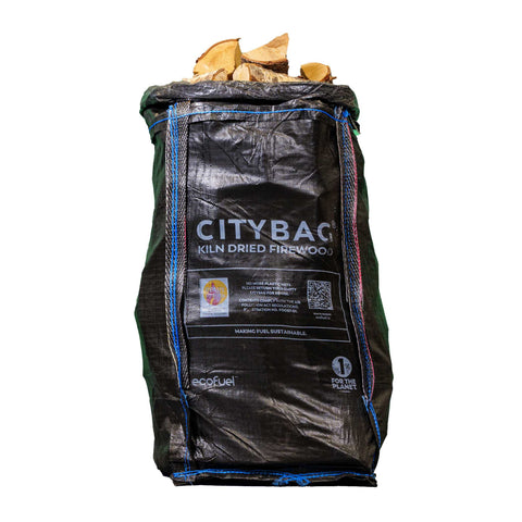 Black bag of Ecofuel CityBag kiln-dried Birch firewood with visible branding on a white background