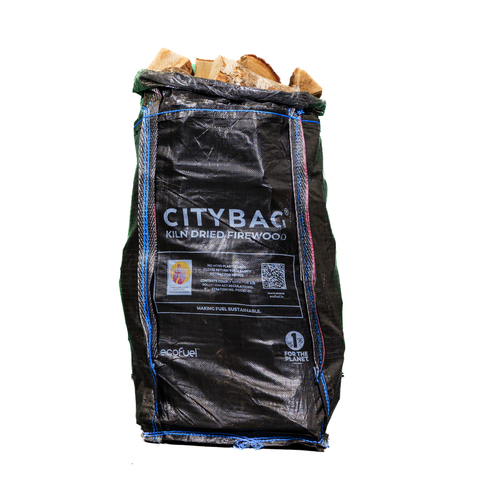 Bag of Ecofuel Citybag kiln-dried Oak and Birch firewood on a white background