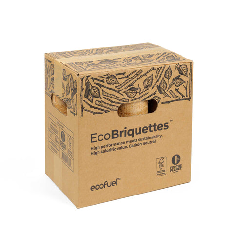 ECOFUEL™ EcoBriquettes box — sustainable wood fuel, carbon neutral, FSC® certified.
