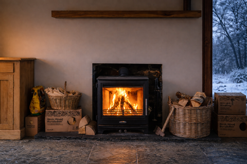 Wood-burning stove with fire lit, surrounded by ECOFUEL™ logs and baskets in a cosy room.