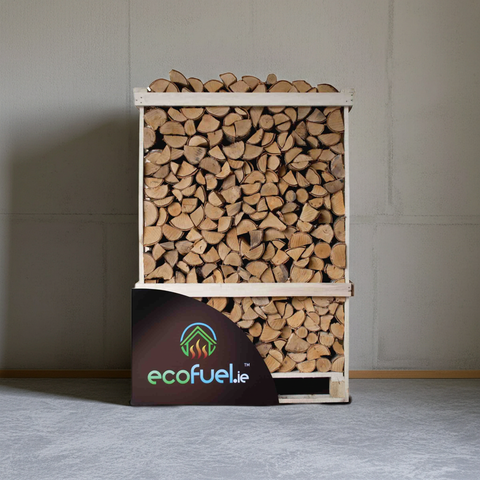 Stack of ECOFUEL™ firewood in a wooden crate with ecofuel.ie branding on a plain background