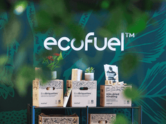 The collection of Ecofuel fuel products stacked on a black shelving unit.