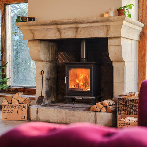 Cozy living room with stone fireplace, wood logs, and a pink sofa.