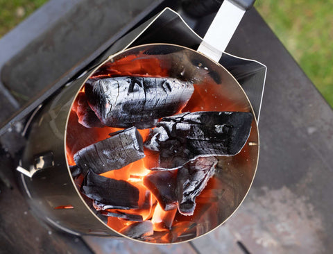 Ecofuel Alder lumpwood BBQ charcoal lit inside the chimney started