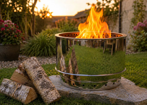 Phoenix Devils Bit Fire pit with burning fire and ecofuel logs in a garden setting during sunset.
