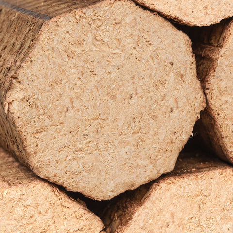 Close-up of Forno1889® Beechwood Pizza Briquettes showing dense texture of FSC®-certified hardwood fuel by ECOFUEL™
