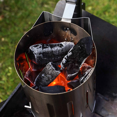 Lit Organic Lumpwood Charcoal in Chimney Starter – EcoFuel BBQ